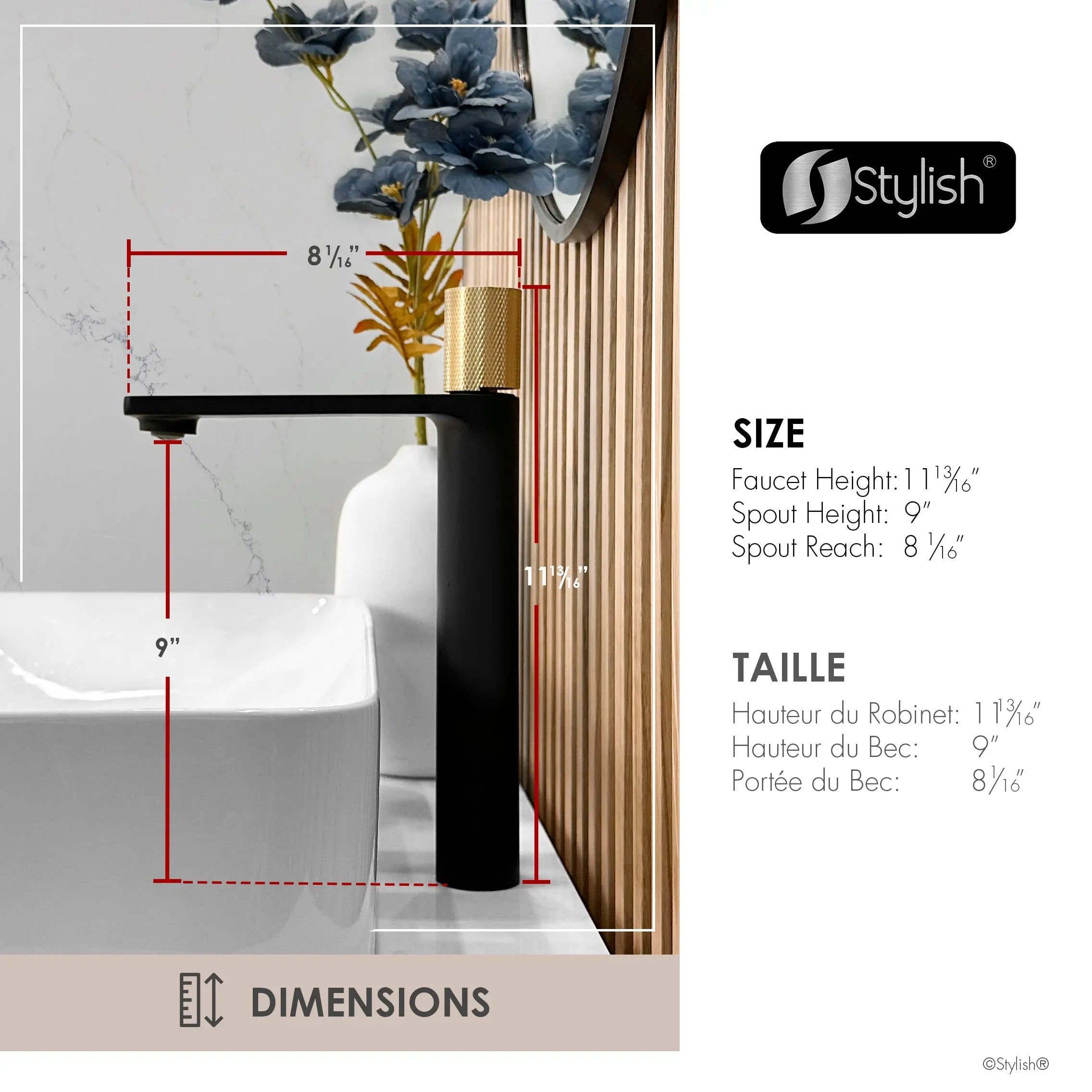 STYLISH Single Handle Bathroom Vessel Sink Faucet, Matte Black and Brushed Gold Finish B-122NG - Plumbing Market