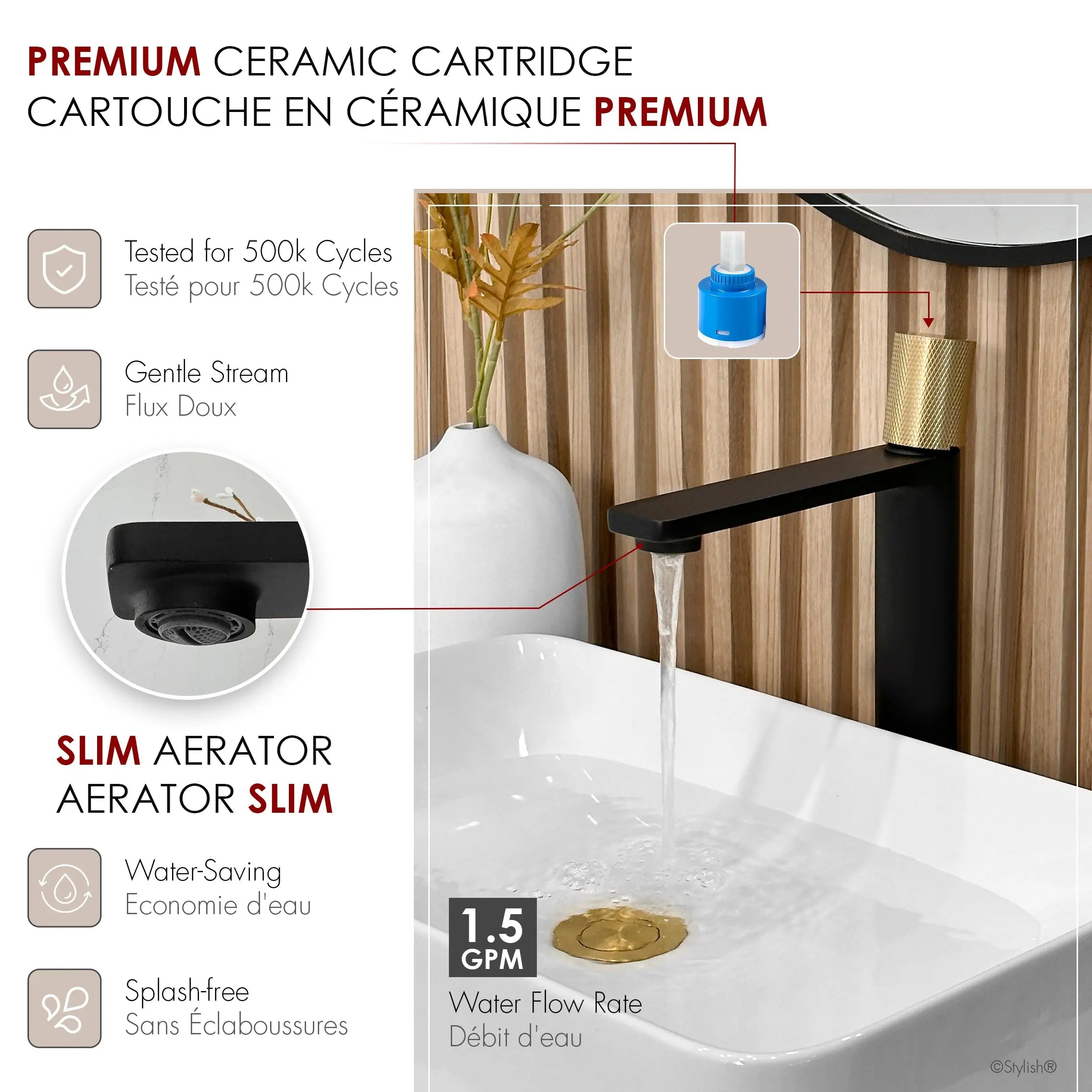STYLISH Single Handle Bathroom Vessel Sink Faucet, Matte Black and Brushed Gold Finish B-122NG - Plumbing Market