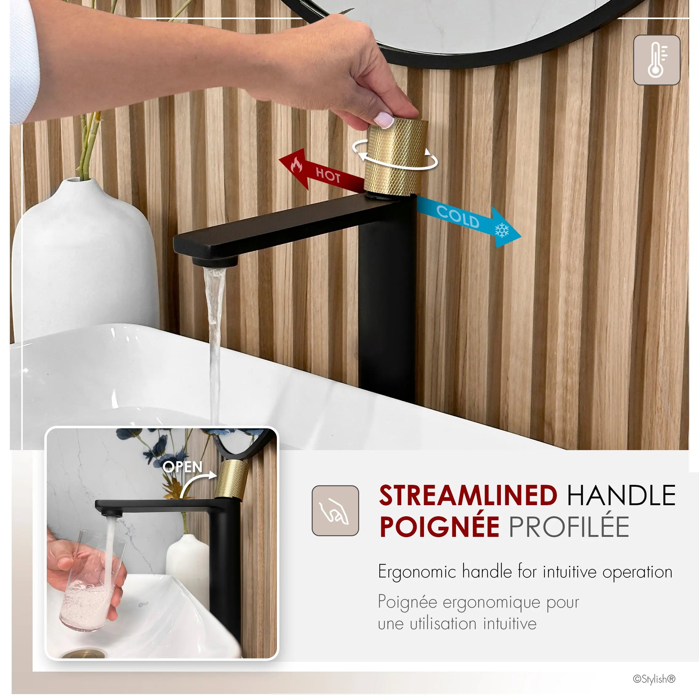 STYLISH Single Handle Bathroom Vessel Sink Faucet, Matte Black and Brushed Gold Finish B-122NG - Plumbing Market