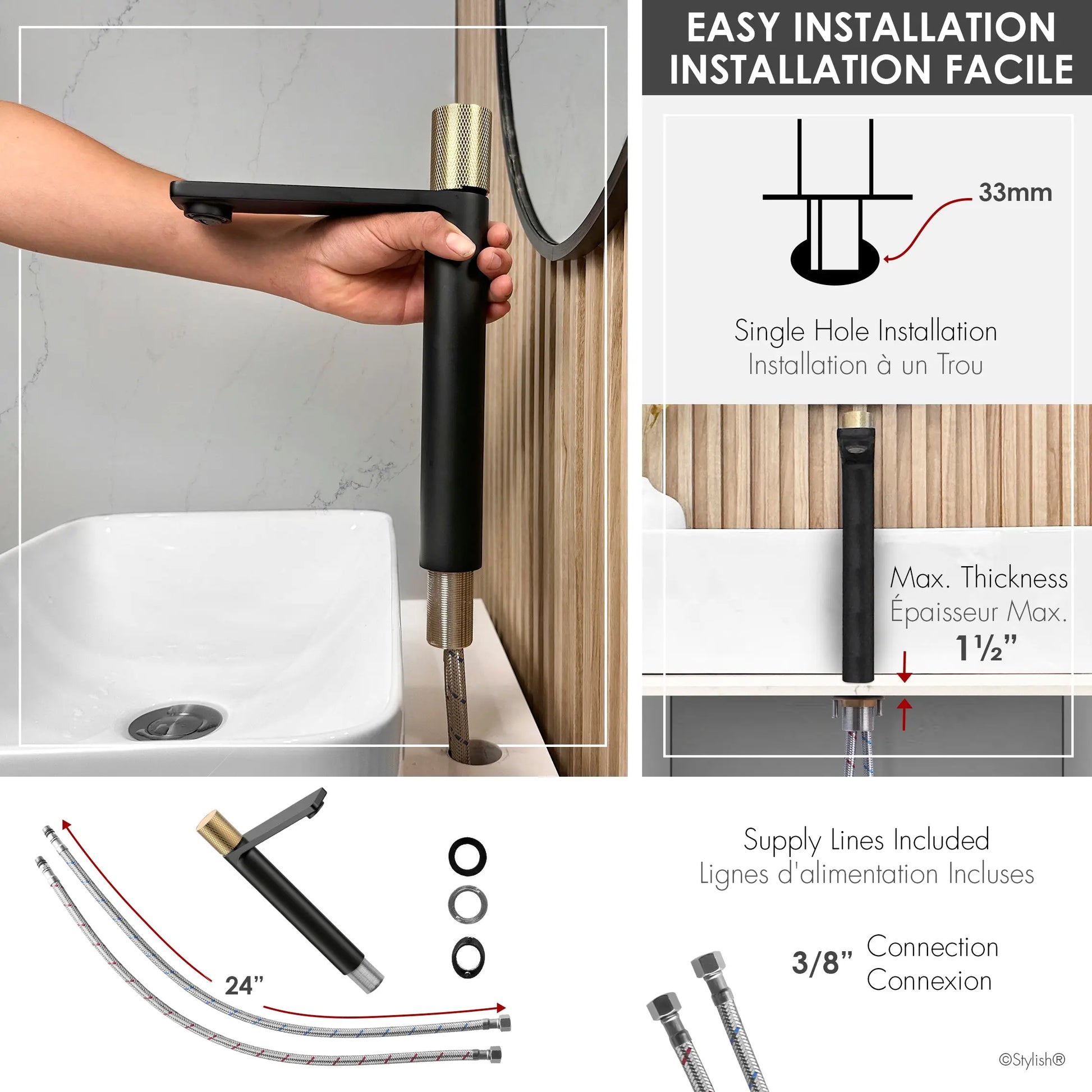 STYLISH Single Handle Bathroom Vessel Sink Faucet, Matte Black and Brushed Gold Finish B-122NG - Plumbing Market