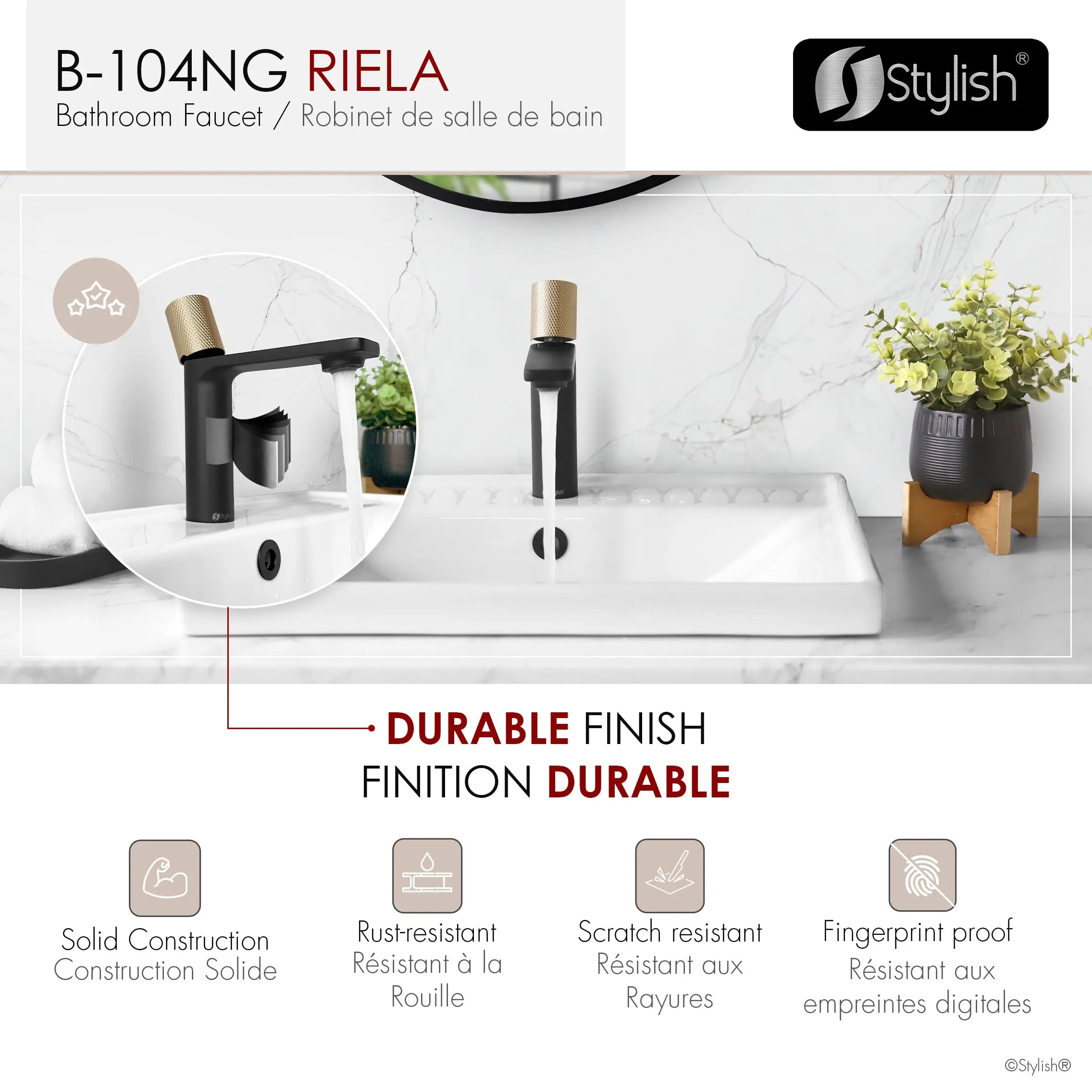 STYLISH Single Handle Modern Bathroom Basin Sink Faucet in Matte Black with Gold accents Finish  B-104NG - Plumbing Market
