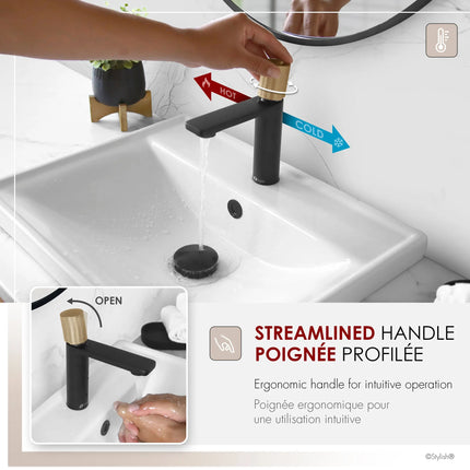 STYLISH Single Handle Modern Bathroom Basin Sink Faucet in Matte Black with Gold accents Finish  B-104NG - Plumbing Market