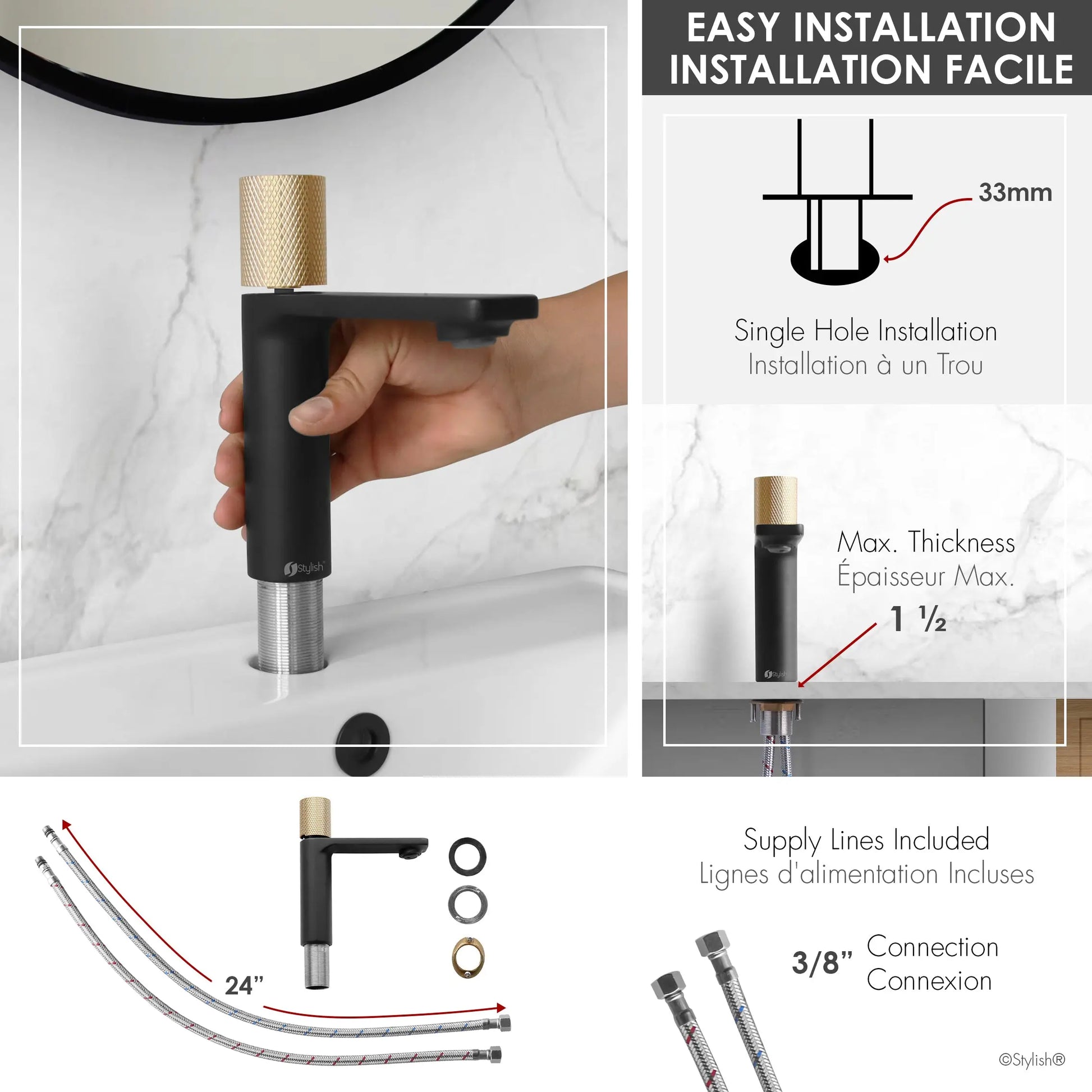 STYLISH Single Handle Modern Bathroom Basin Sink Faucet in Matte Black with Gold accents Finish  B-104NG - Plumbing Market