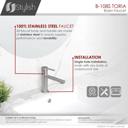 STYLISH Single Handle Modern Bathroom Basin Sink Faucet, Brushed Stainless Steel Finish B-108S - Plumbing Market