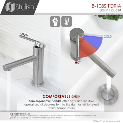 STYLISH Single Handle Modern Bathroom Basin Sink Faucet, Brushed Stainless Steel Finish B-108S - Plumbing Market