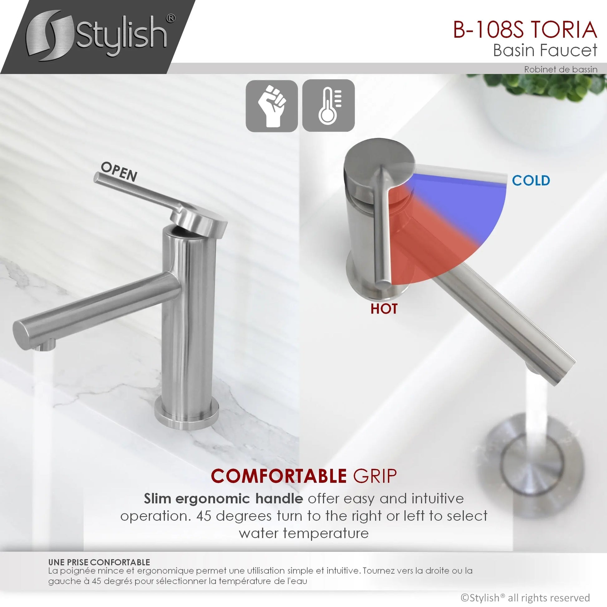 STYLISH Single Handle Modern Bathroom Basin Sink Faucet, Brushed Stainless Steel Finish B-108S - Plumbing Market