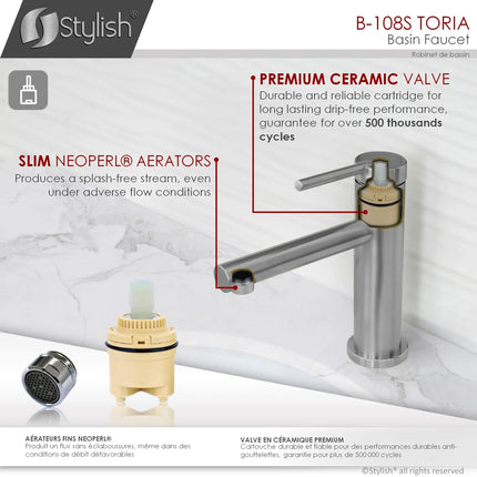 STYLISH Single Handle Modern Bathroom Basin Sink Faucet, Brushed Stainless Steel Finish B-108S - Plumbing Market