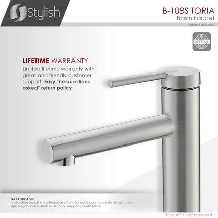 STYLISH Single Handle Modern Bathroom Basin Sink Faucet, Brushed Stainless Steel Finish B-108S - Plumbing Market