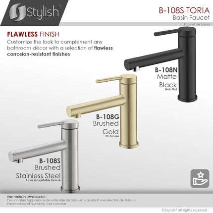 STYLISH Single Handle Modern Bathroom Basin Sink Faucet, Brushed Stainless Steel Finish B-108S - Plumbing Market