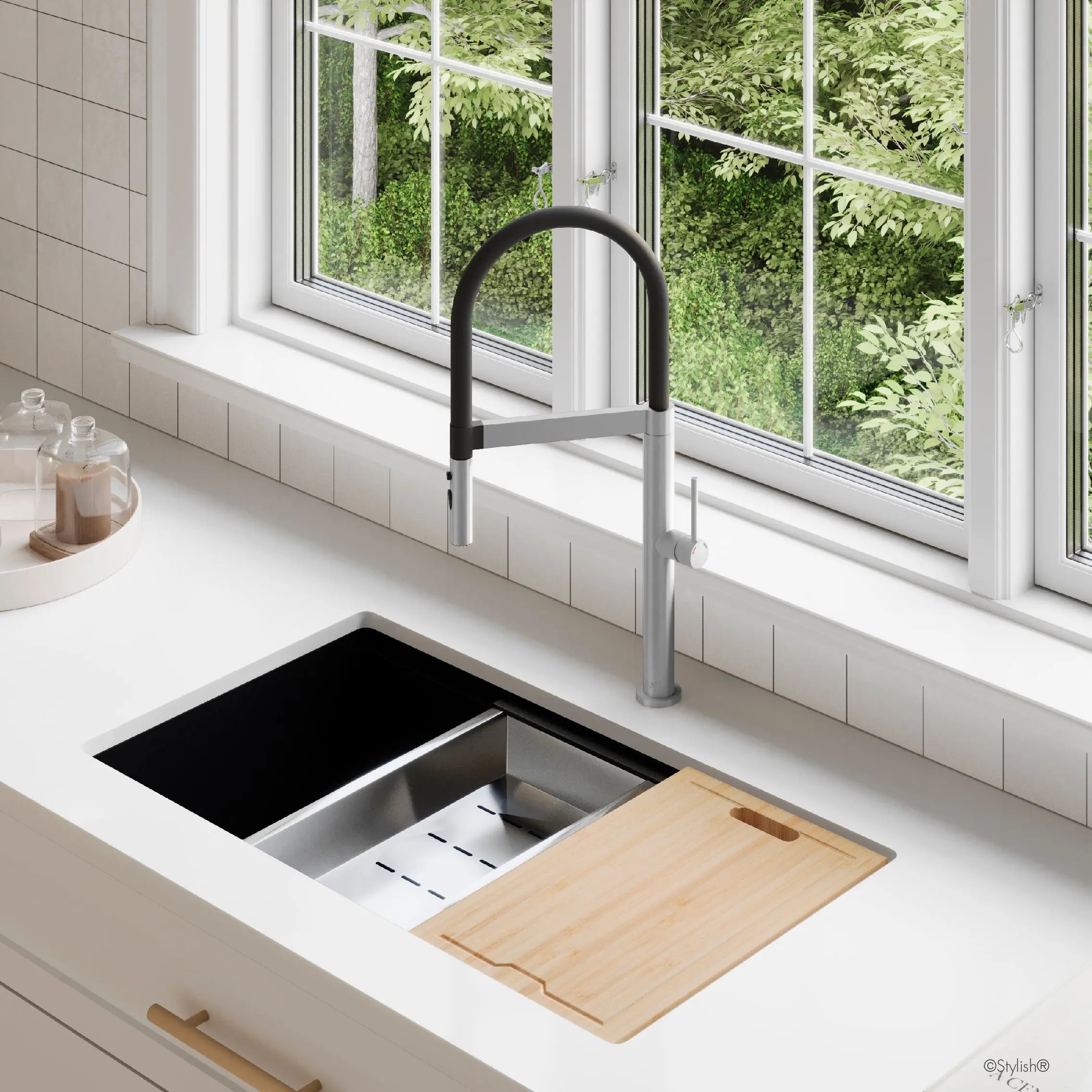 STYLISH Stainless Steel Single Handle Pull Out Dual Mode Kitchen Sink Faucet with Black Spout Hose K-140S - Plumbing Market