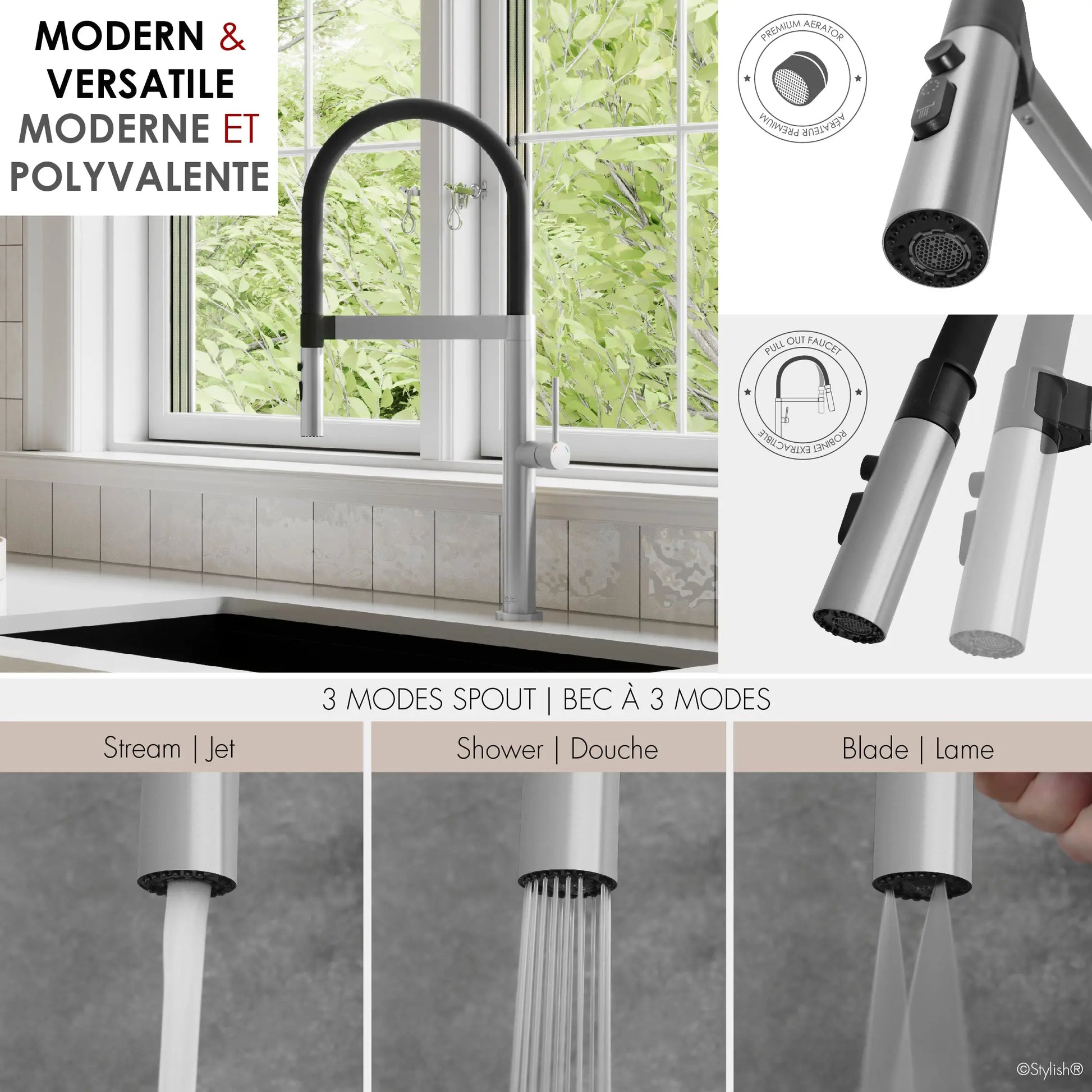 STYLISH Stainless Steel Single Handle Pull Out Dual Mode Kitchen Sink Faucet with Black Spout Hose K-140S - Plumbing Market
