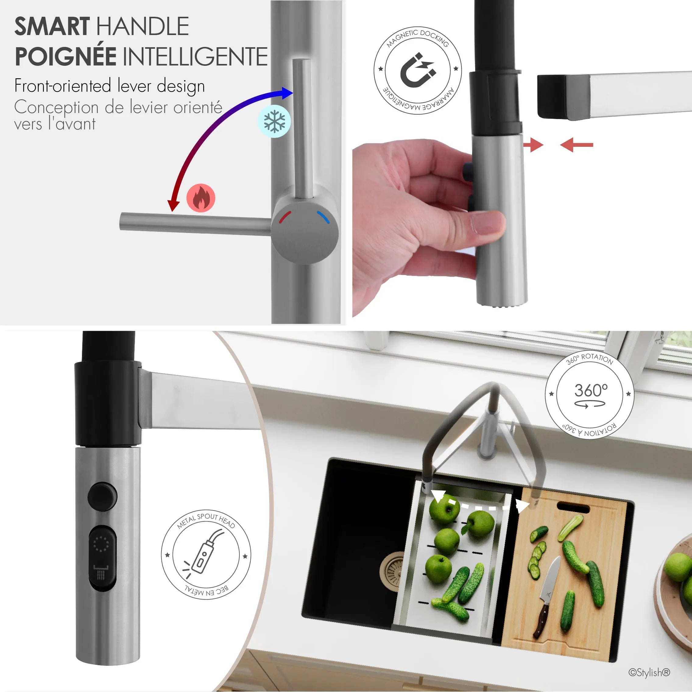 STYLISH Stainless Steel Single Handle Pull Out Dual Mode Kitchen Sink Faucet with Black Spout Hose K-140S - Plumbing Market