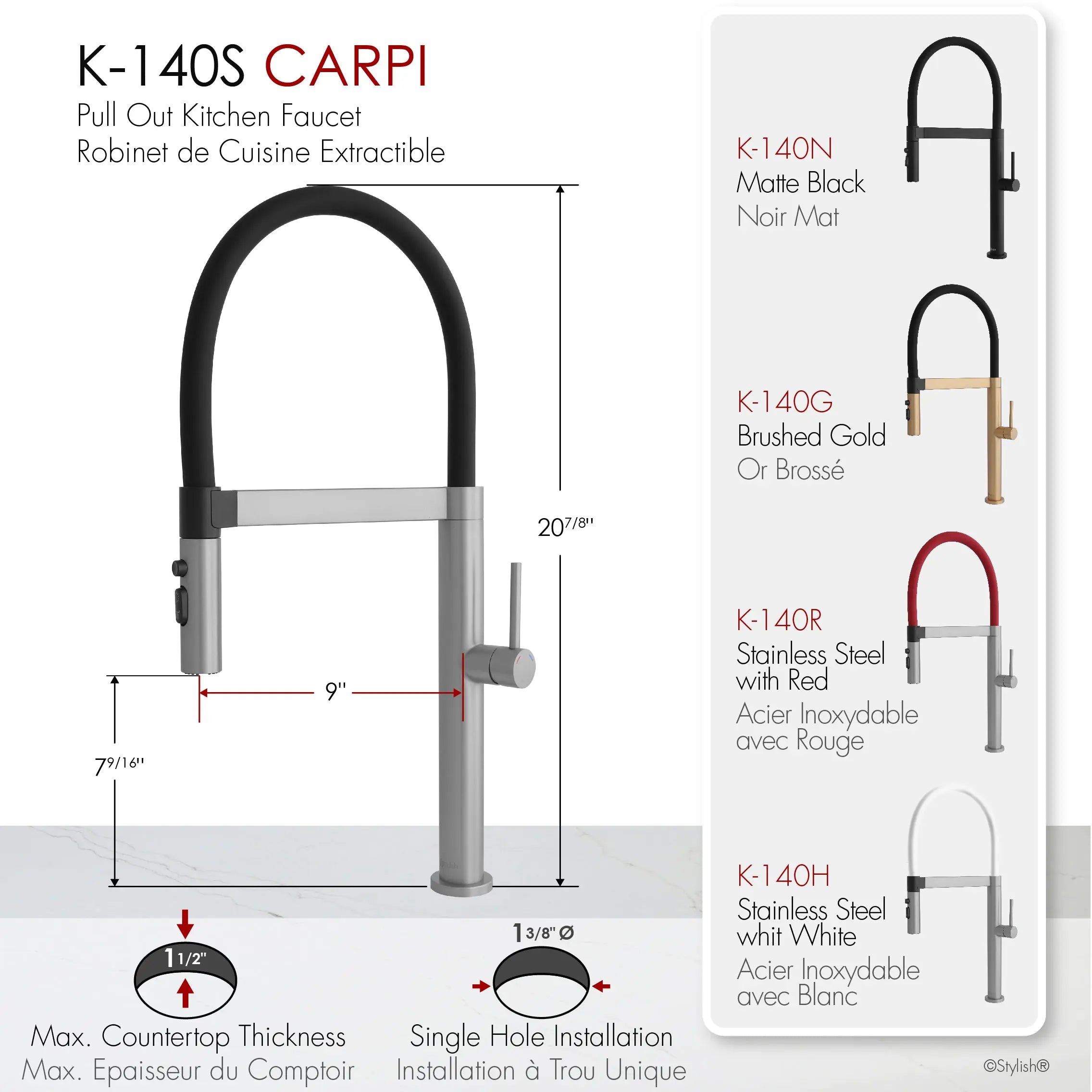 STYLISH Stainless Steel Single Handle Pull Out Dual Mode Kitchen Sink Faucet with Black Spout Hose K-140S - Plumbing Market