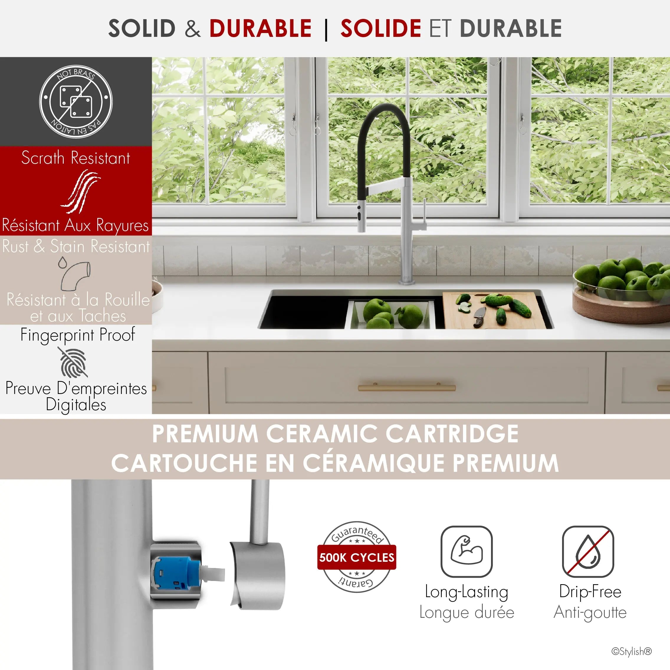STYLISH Stainless Steel Single Handle Pull Out Dual Mode Kitchen Sink Faucet with Black Spout Hose K-140S - Plumbing Market