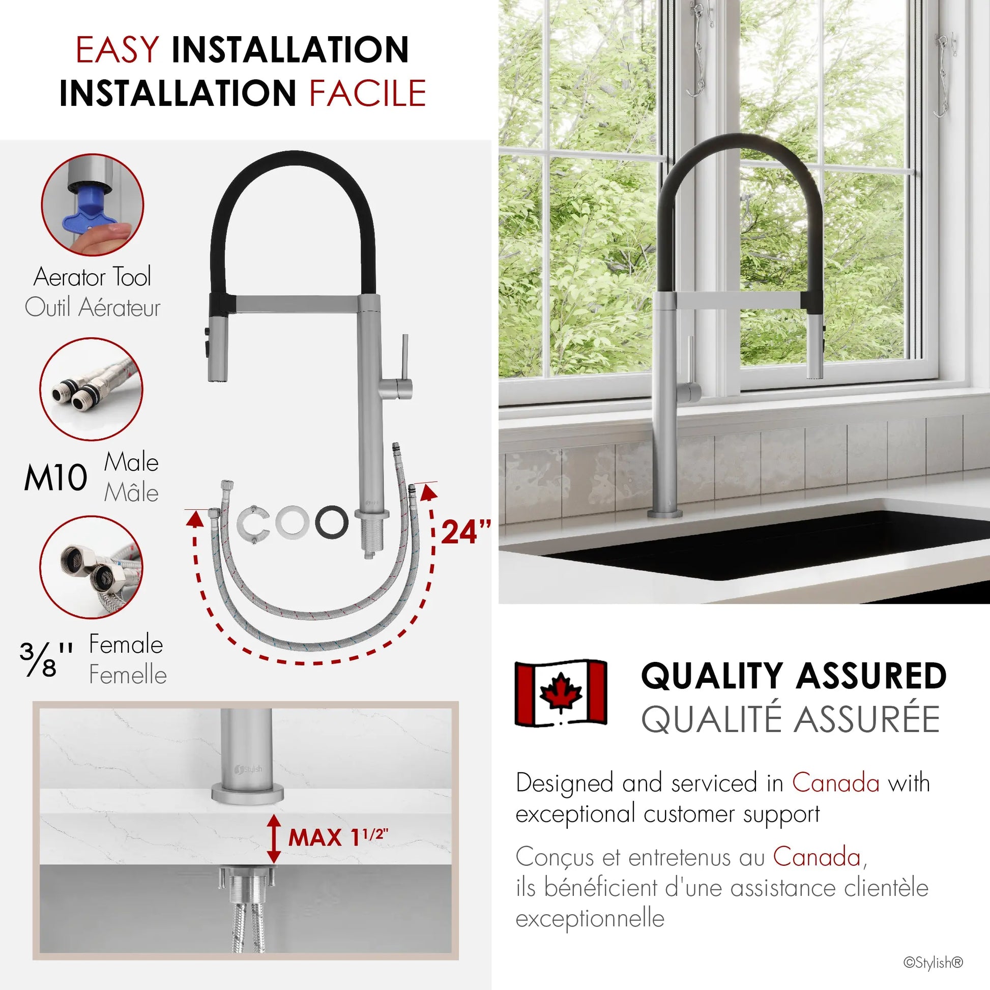 STYLISH Stainless Steel Single Handle Pull Out Dual Mode Kitchen Sink Faucet with Black Spout Hose K-140S - Plumbing Market