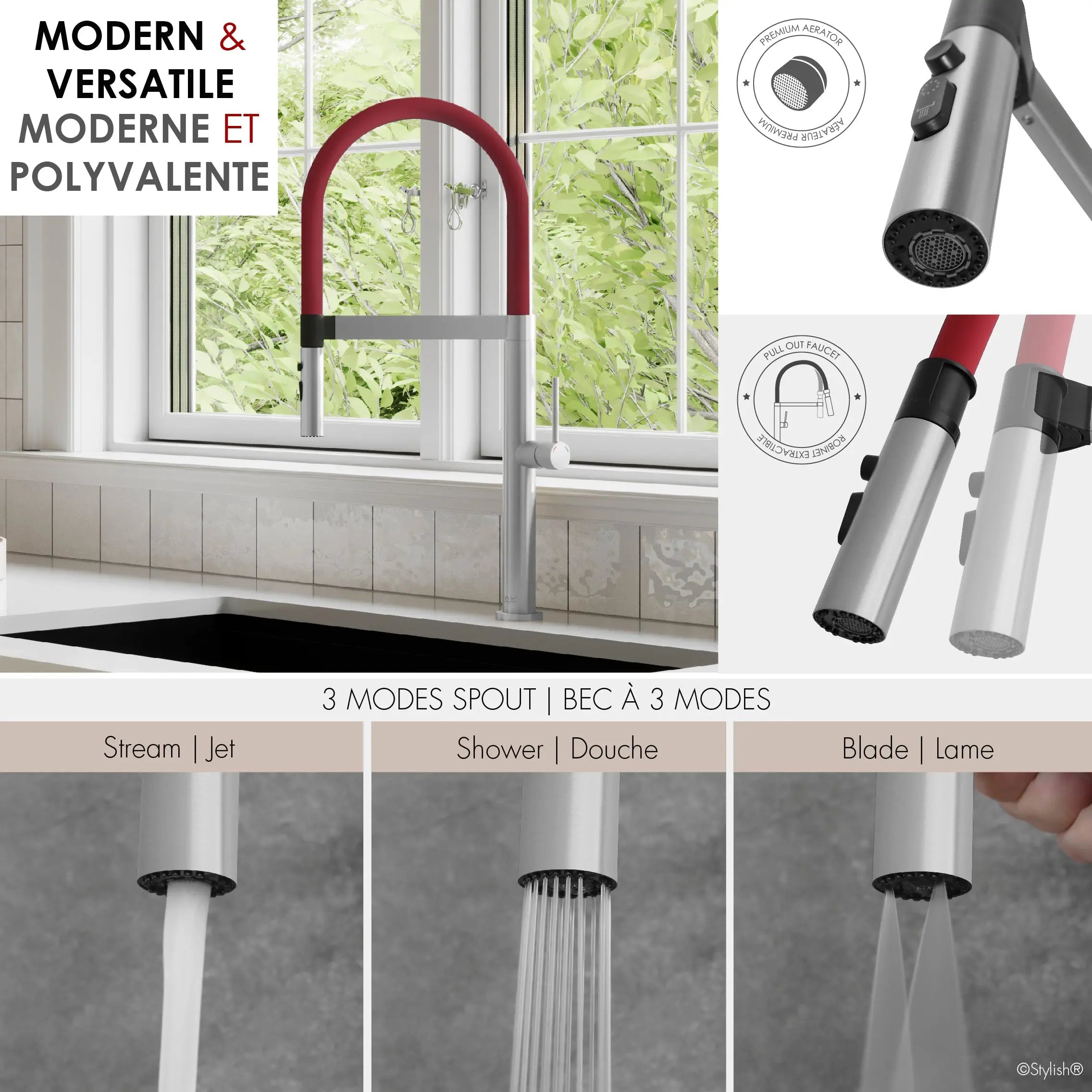 STYLISH Stainless Steel Single Handle Pull Out Dual Mode Kitchen Sink Faucet with Red Spout Hose K-140R - Plumbing Market