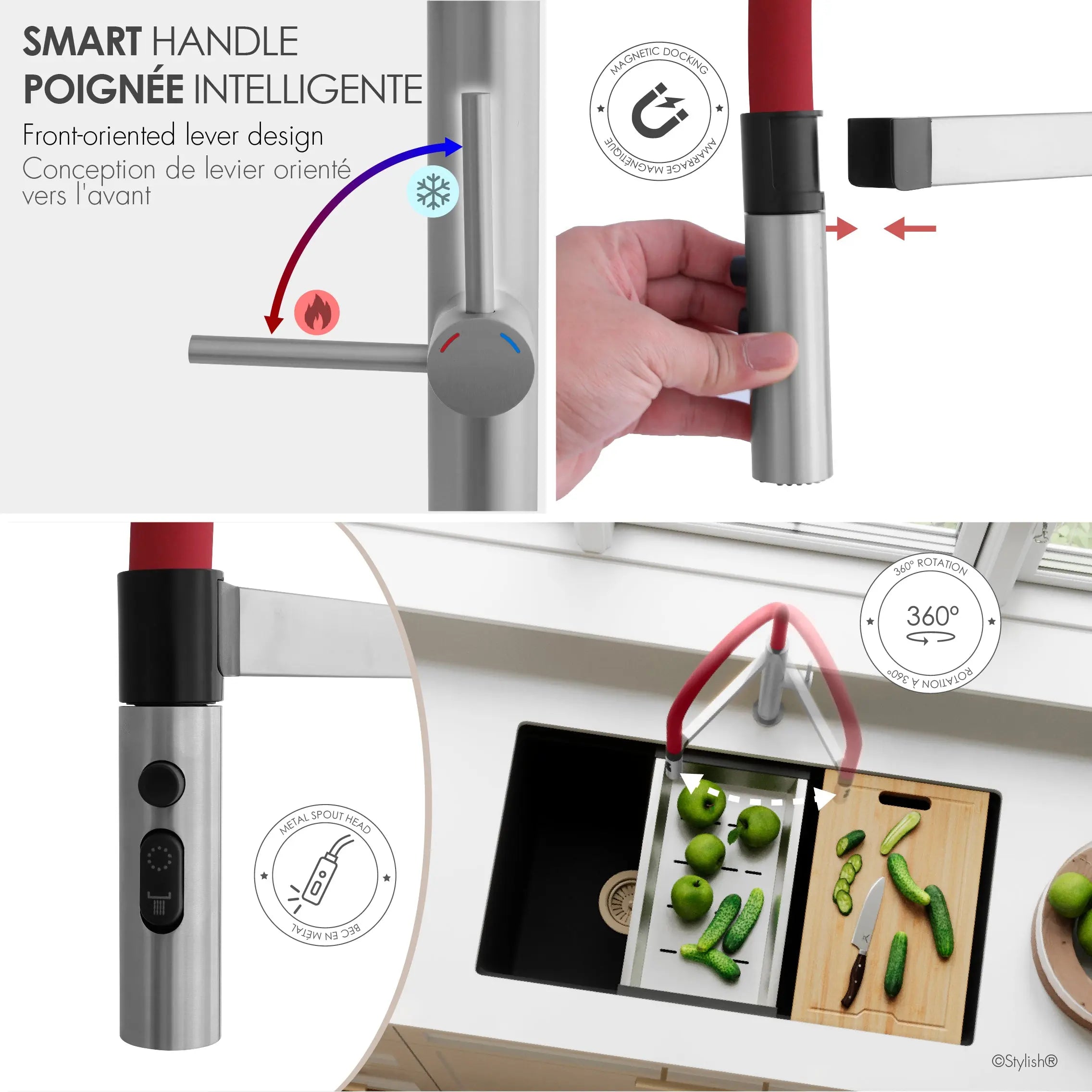 STYLISH Stainless Steel Single Handle Pull Out Dual Mode Kitchen Sink Faucet with Red Spout Hose K-140R - Plumbing Market