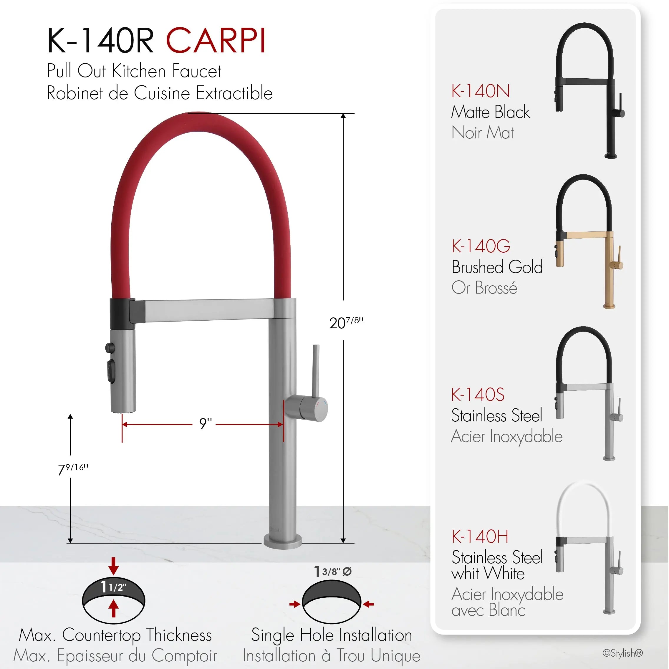STYLISH Stainless Steel Single Handle Pull Out Dual Mode Kitchen Sink Faucet with Red Spout Hose K-140R - Plumbing Market