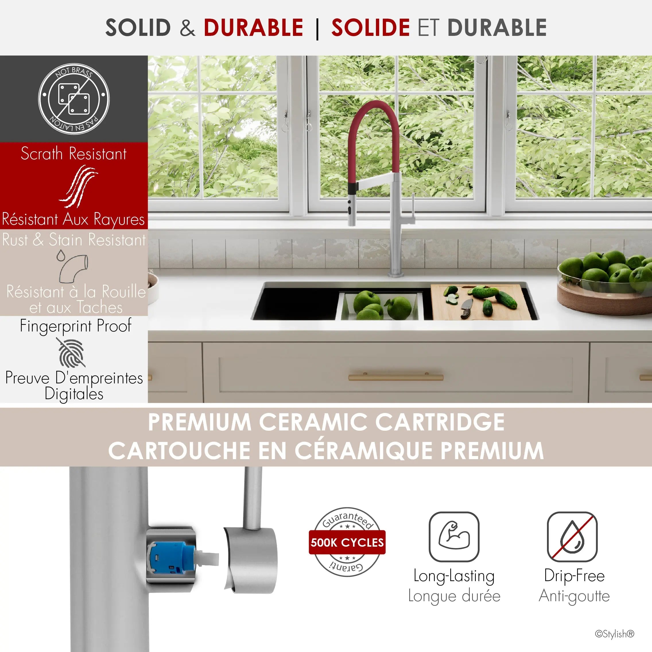 STYLISH Stainless Steel Single Handle Pull Out Dual Mode Kitchen Sink Faucet with Red Spout Hose K-140R - Plumbing Market
