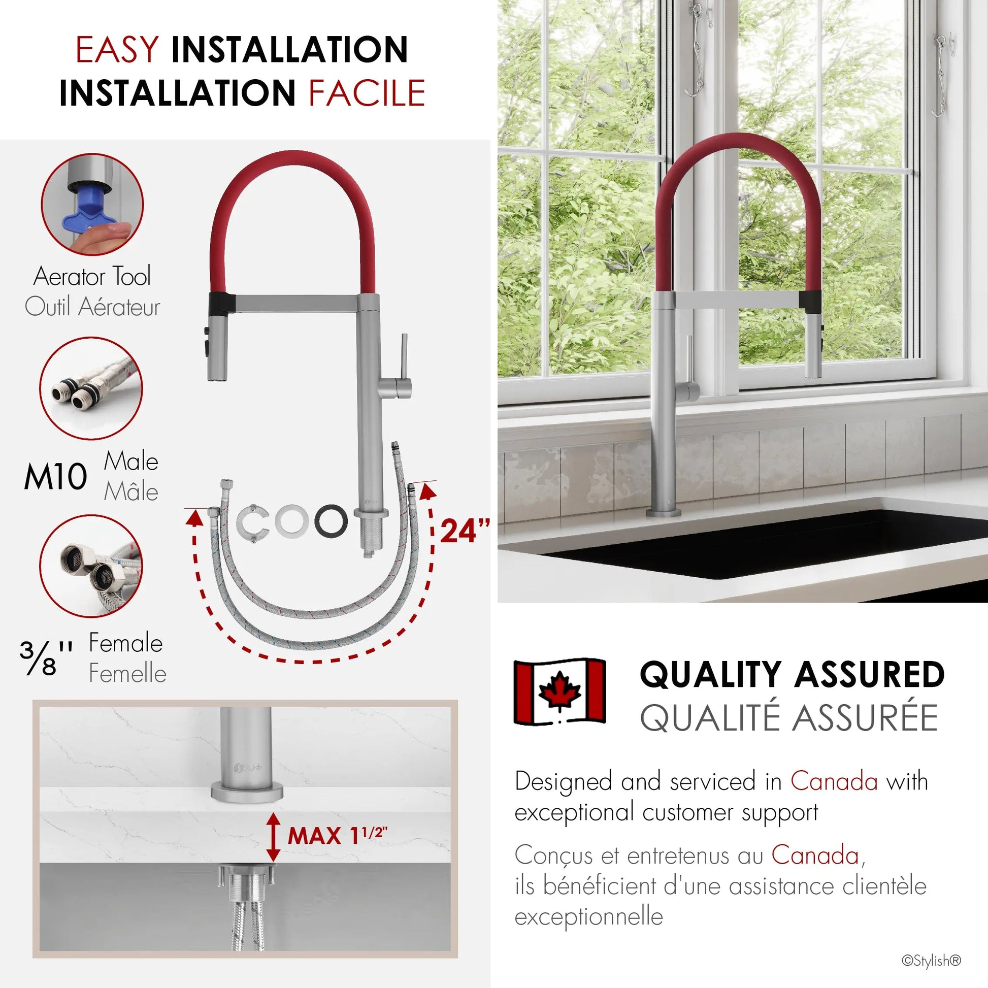 STYLISH Stainless Steel Single Handle Pull Out Dual Mode Kitchen Sink Faucet with Red Spout Hose K-140R - Plumbing Market