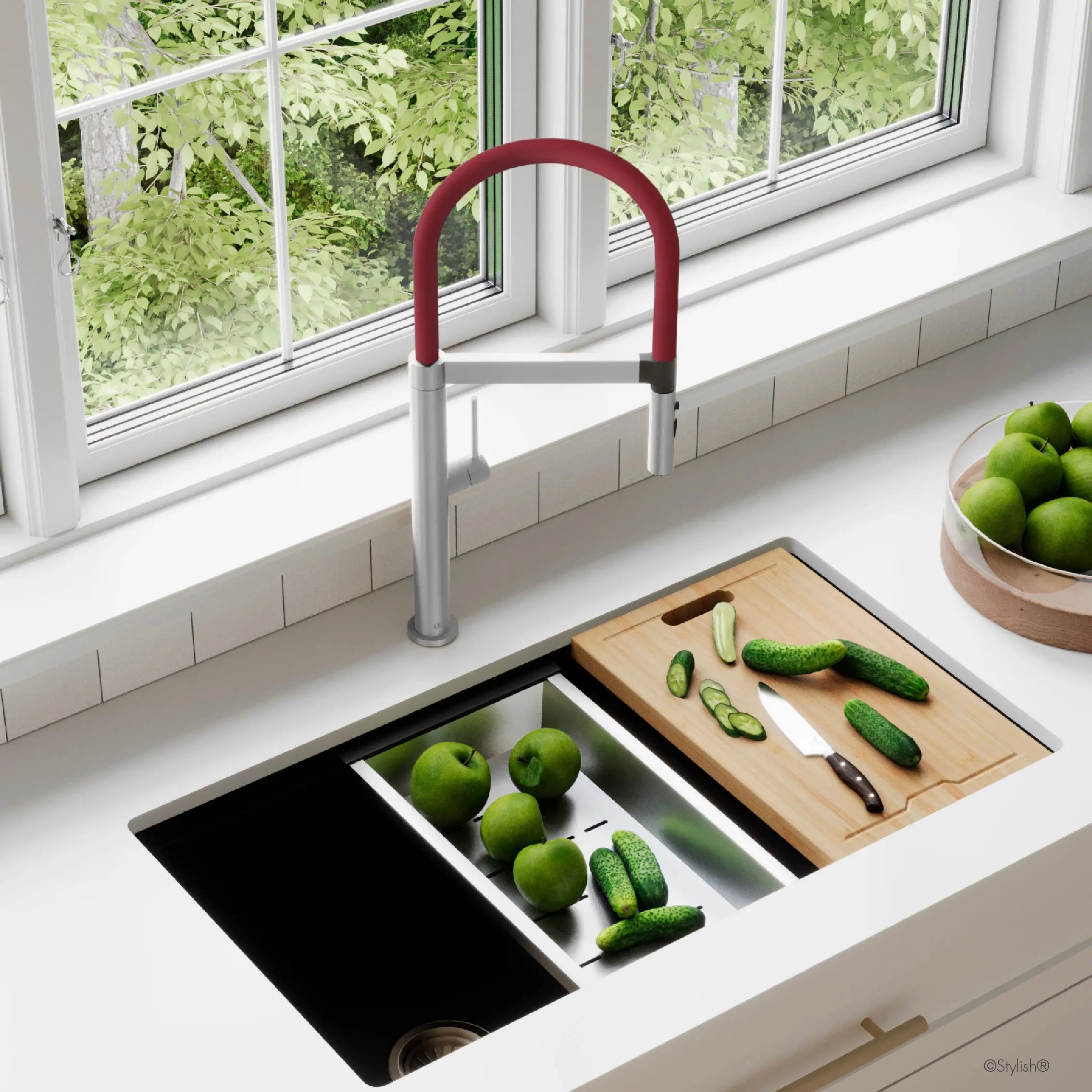 STYLISH Stainless Steel Single Handle Pull Out Dual Mode Kitchen Sink Faucet with Red Spout Hose K-140R - Plumbing Market