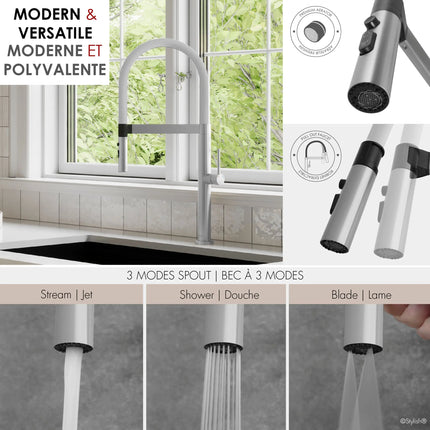 STYLISH Stainless Steel Single Handle Pull Out Dual Mode Kitchen Sink Faucet with White Spout Hose K-140H - Plumbing Market