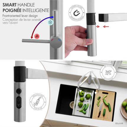 STYLISH Stainless Steel Single Handle Pull Out Dual Mode Kitchen Sink Faucet with White Spout Hose K-140H - Plumbing Market