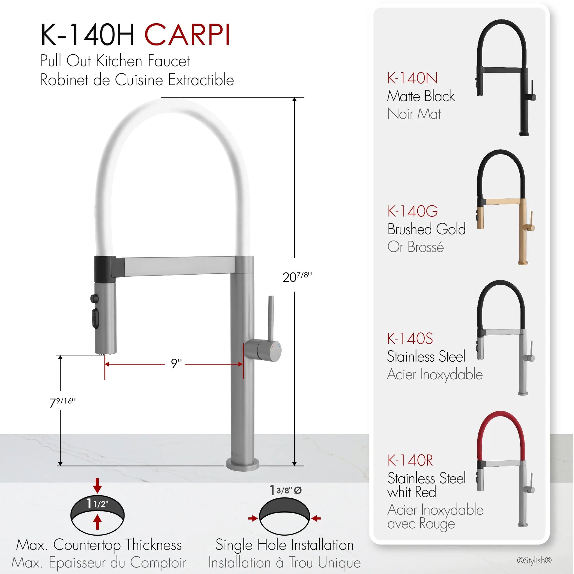 STYLISH Stainless Steel Single Handle Pull Out Dual Mode Kitchen Sink Faucet with White Spout Hose K-140H - Plumbing Market