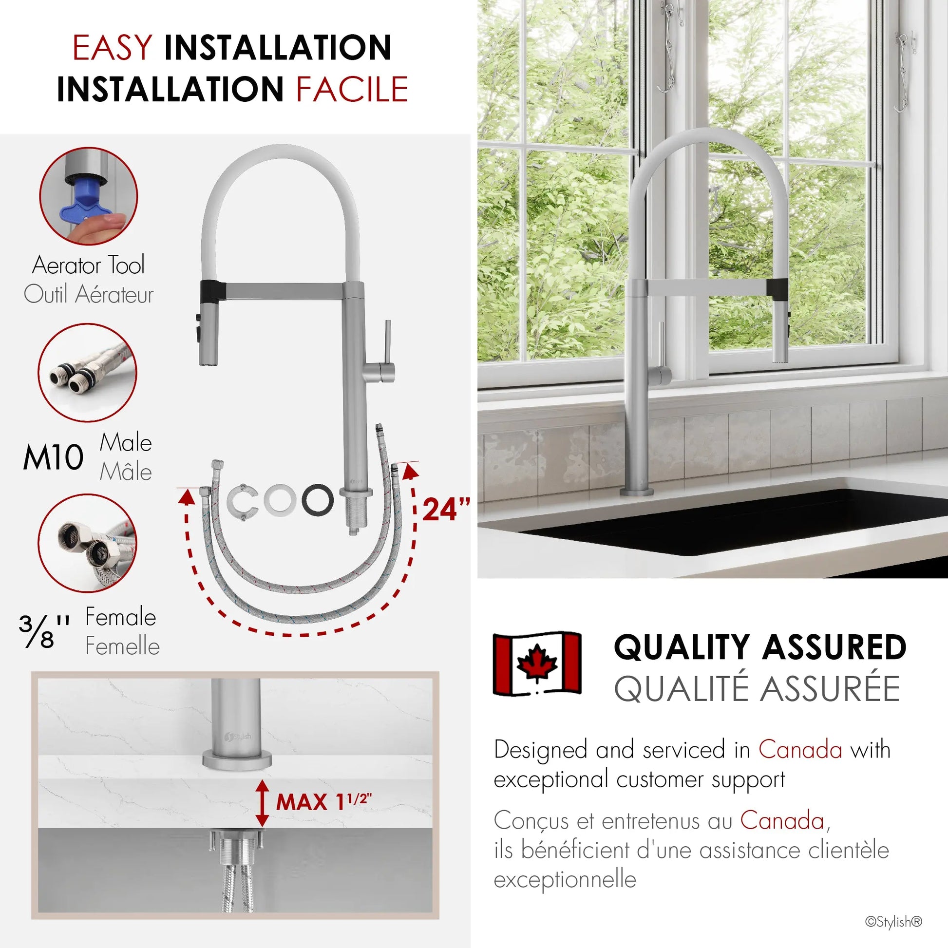 STYLISH Stainless Steel Single Handle Pull Out Dual Mode Kitchen Sink Faucet with White Spout Hose K-140H - Plumbing Market