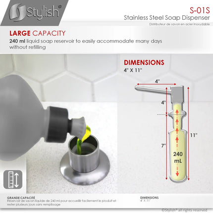 STYLISH Stainless Steel Soap Dispenser for Kitchen Sink. Pump Liquid Hand Lotion Dispenser S-01S - Plumbing Market
