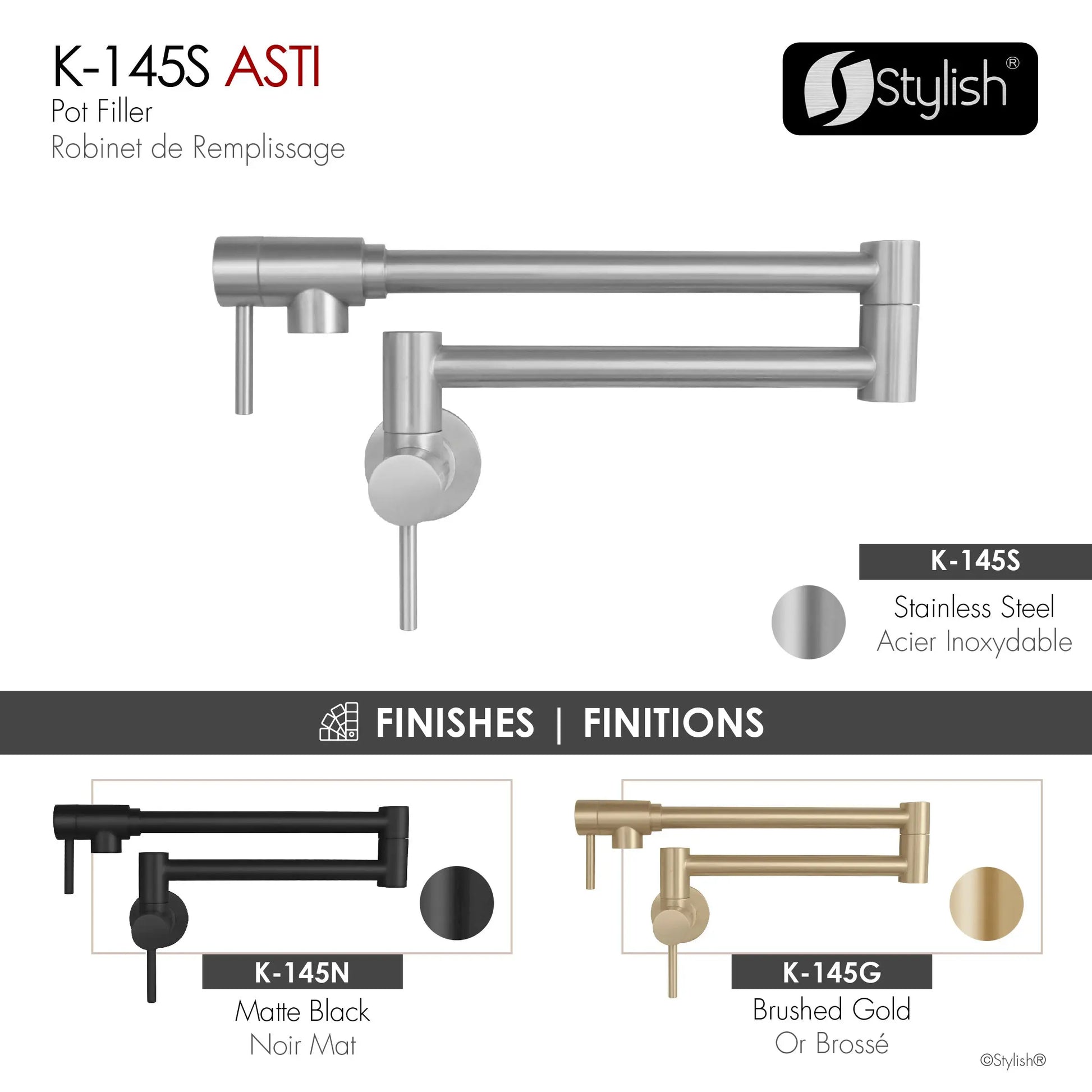 STYLISH Stainless Steel Wall Mount  Pot Filler Folding Stretchable with Single Hole Two Handles K-145S - Plumbing Market
