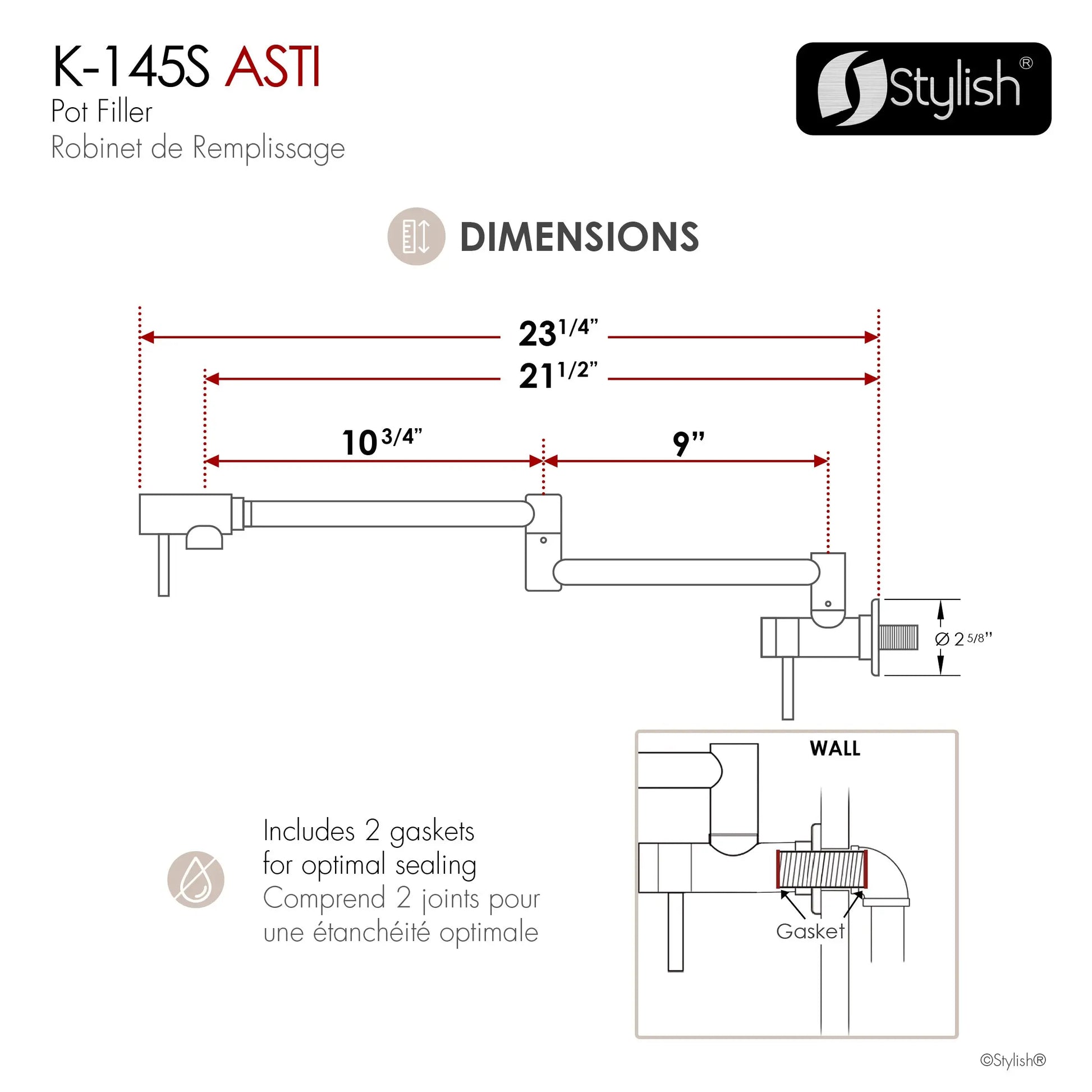 STYLISH Stainless Steel Wall Mount  Pot Filler Folding Stretchable with Single Hole Two Handles K-145S - Plumbing Market