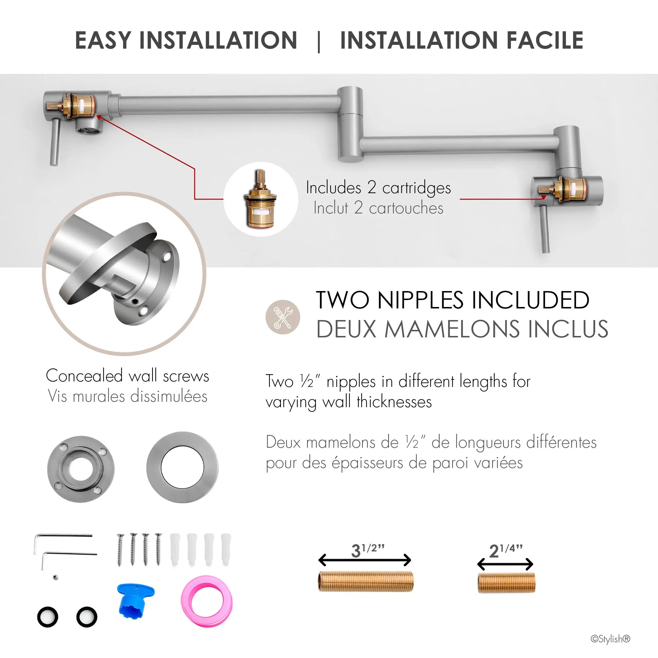 STYLISH Stainless Steel Wall Mount  Pot Filler Folding Stretchable with Single Hole Two Handles K-145S - Plumbing Market