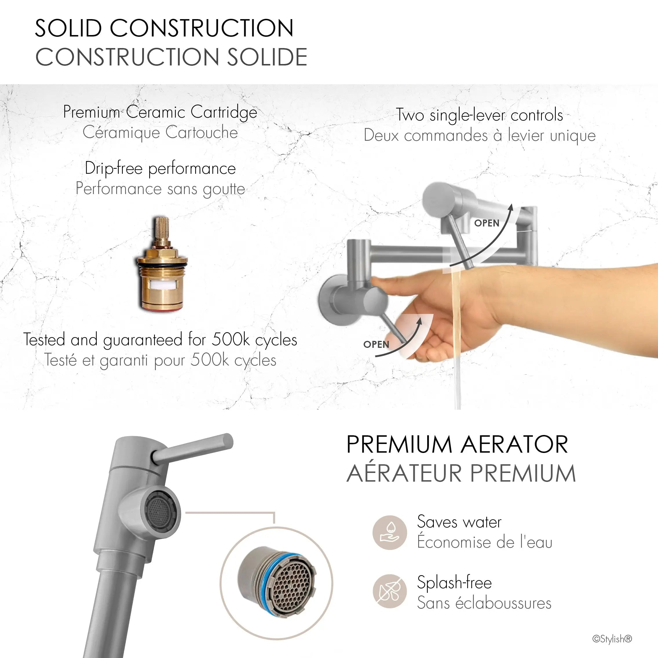 STYLISH Stainless Steel Wall Mount  Pot Filler Folding Stretchable with Single Hole Two Handles K-145S - Plumbing Market