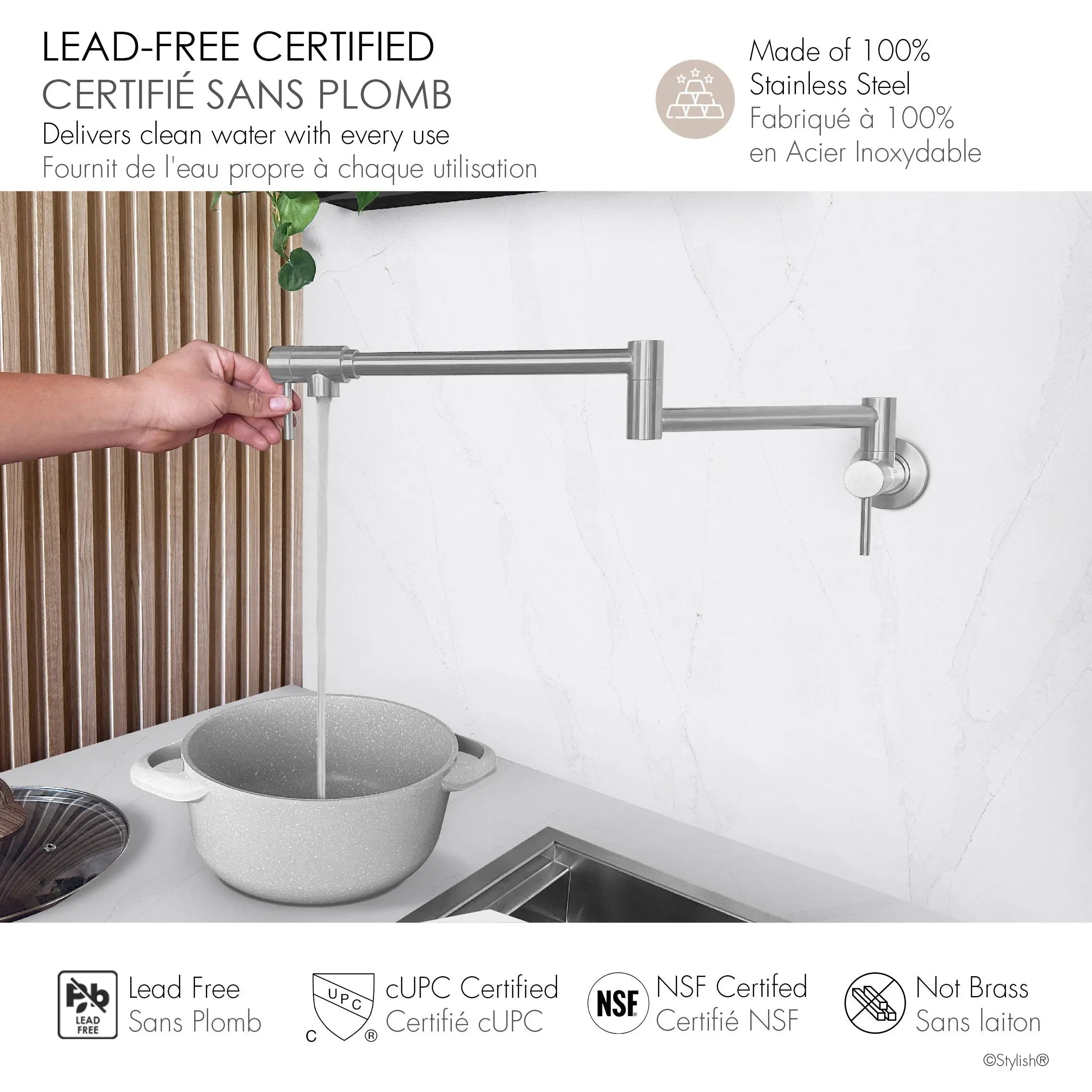 STYLISH Stainless Steel Wall Mount  Pot Filler Folding Stretchable with Single Hole Two Handles K-145S - Plumbing Market