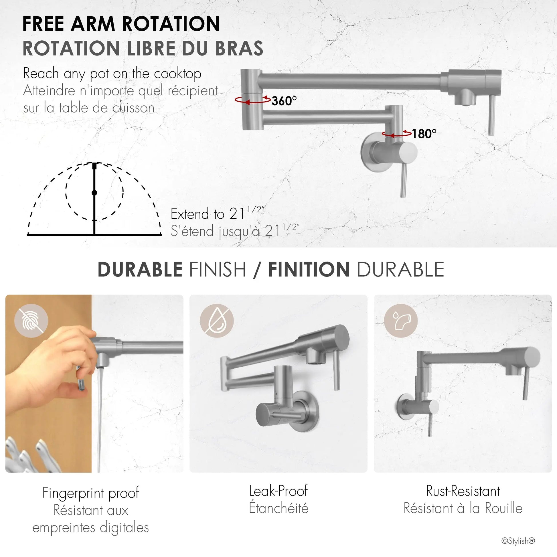 STYLISH Stainless Steel Wall Mount  Pot Filler Folding Stretchable with Single Hole Two Handles K-145S - Plumbing Market