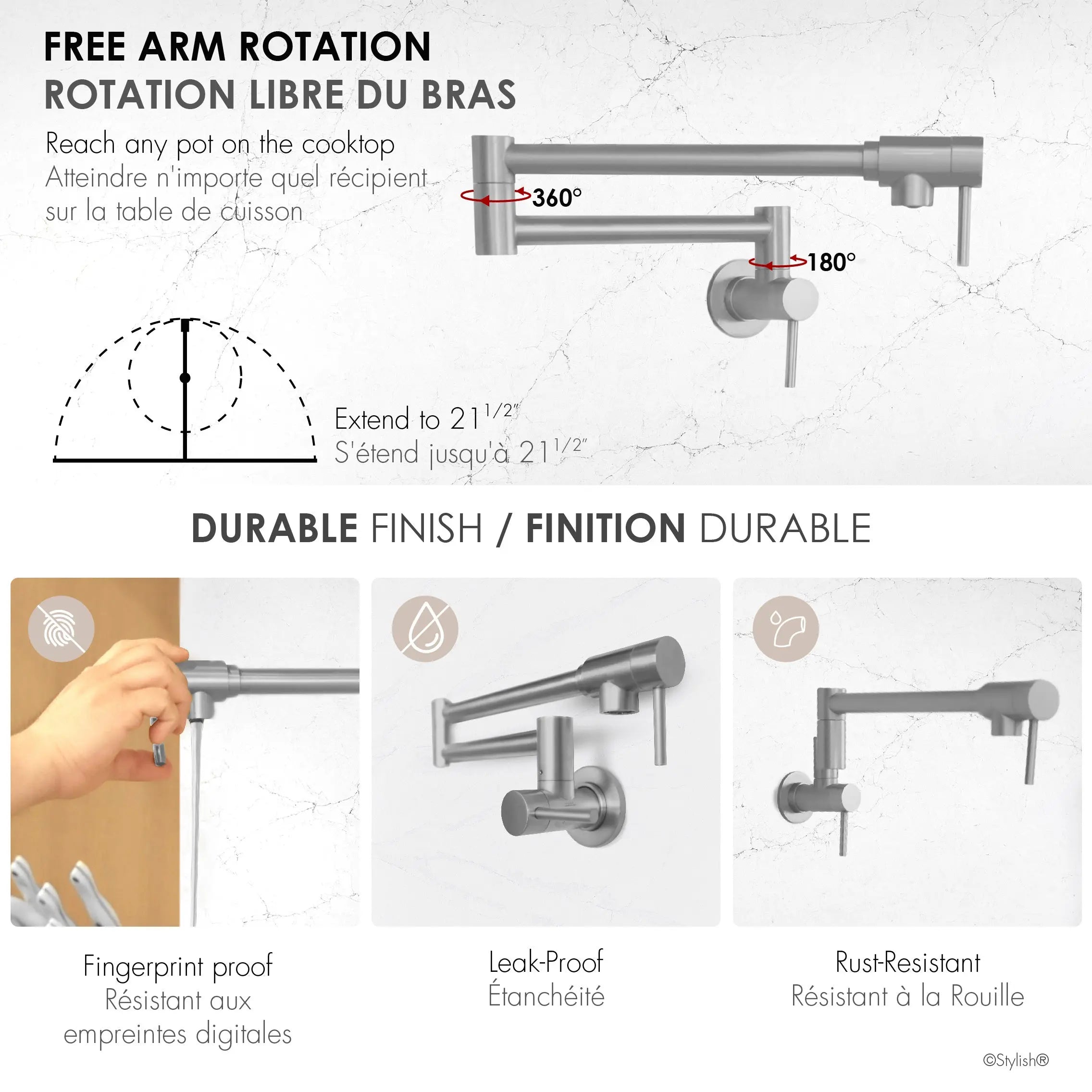 STYLISH Stainless Steel Wall Mount  Pot Filler Folding Stretchable with Single Hole Two Handles K-145S - Plumbing Market