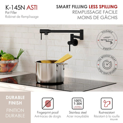 STYLISH Stainless Steel Wall Mount  Pot Filler Folding Stretchable with Single Hole Two Handles - Matte Black Finish K-145N - Plumbing Market