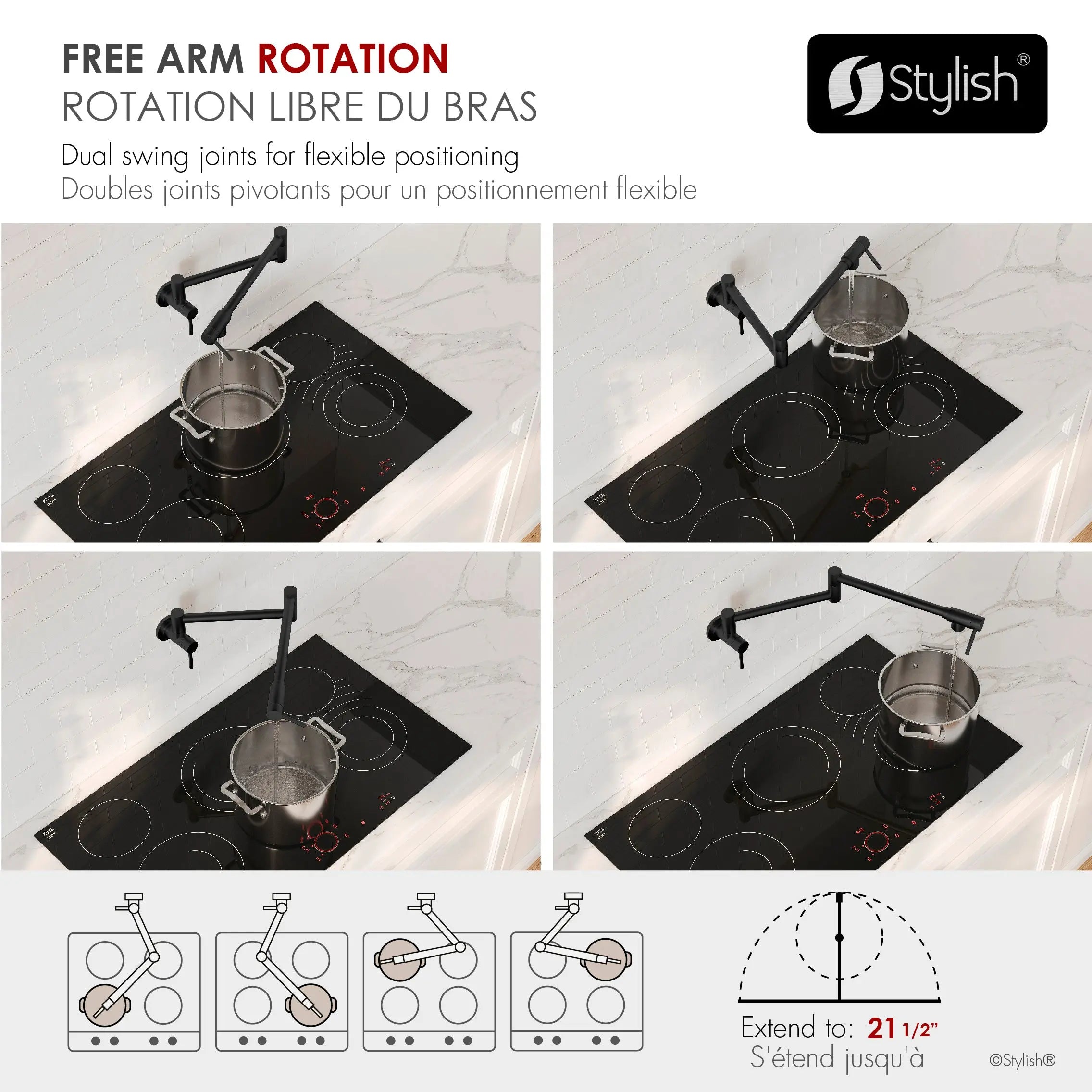 STYLISH Stainless Steel Wall Mount  Pot Filler Folding Stretchable with Single Hole Two Handles - Matte Black Finish K-145N - Plumbing Market