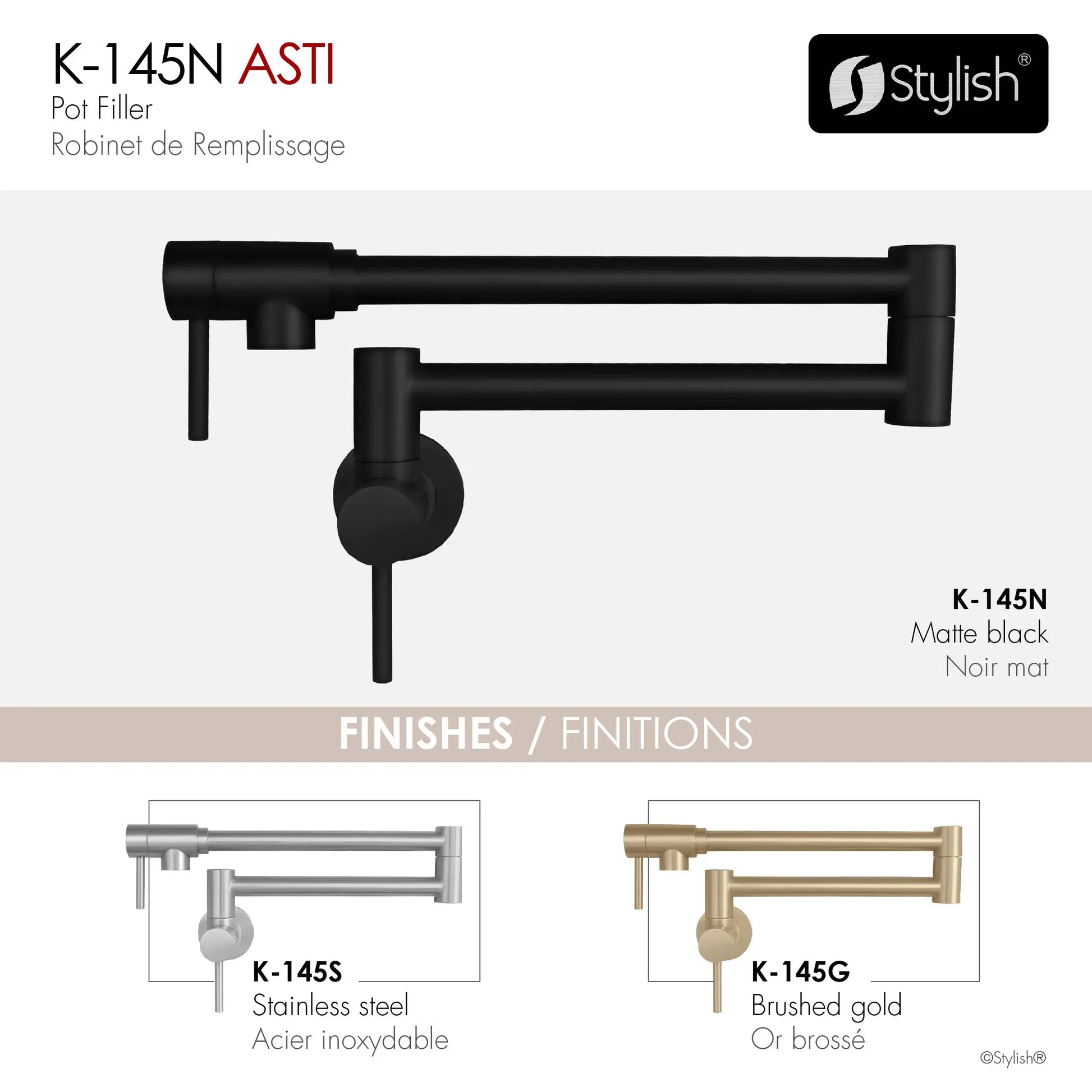STYLISH Stainless Steel Wall Mount  Pot Filler Folding Stretchable with Single Hole Two Handles - Matte Black Finish K-145N - Plumbing Market