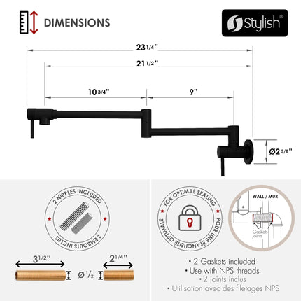STYLISH Stainless Steel Wall Mount  Pot Filler Folding Stretchable with Single Hole Two Handles - Matte Black Finish K-145N - Plumbing Market