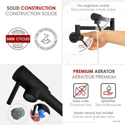 STYLISH Stainless Steel Wall Mount  Pot Filler Folding Stretchable with Single Hole Two Handles - Matte Black Finish K-145N - Plumbing Market