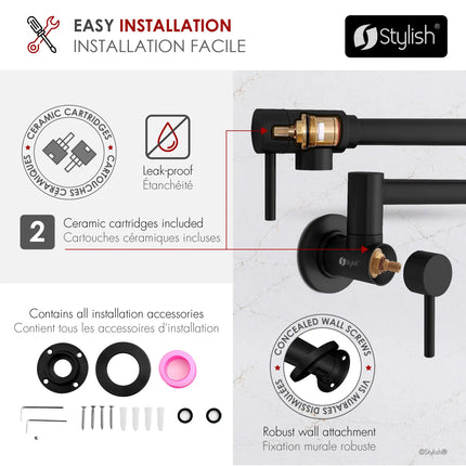 STYLISH Stainless Steel Wall Mount  Pot Filler Folding Stretchable with Single Hole Two Handles - Matte Black Finish K-145N - Plumbing Market