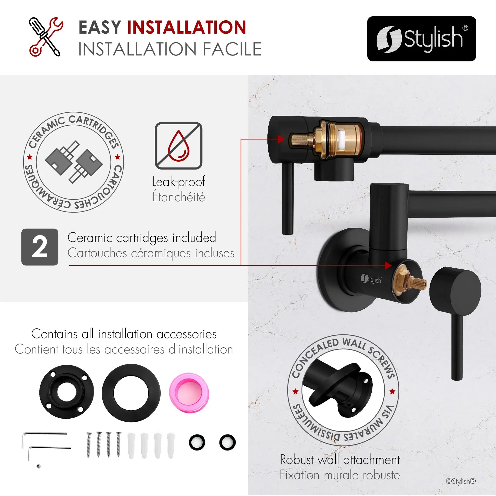 STYLISH Stainless Steel Wall Mount  Pot Filler Folding Stretchable with Single Hole Two Handles - Matte Black Finish K-145N - Plumbing Market