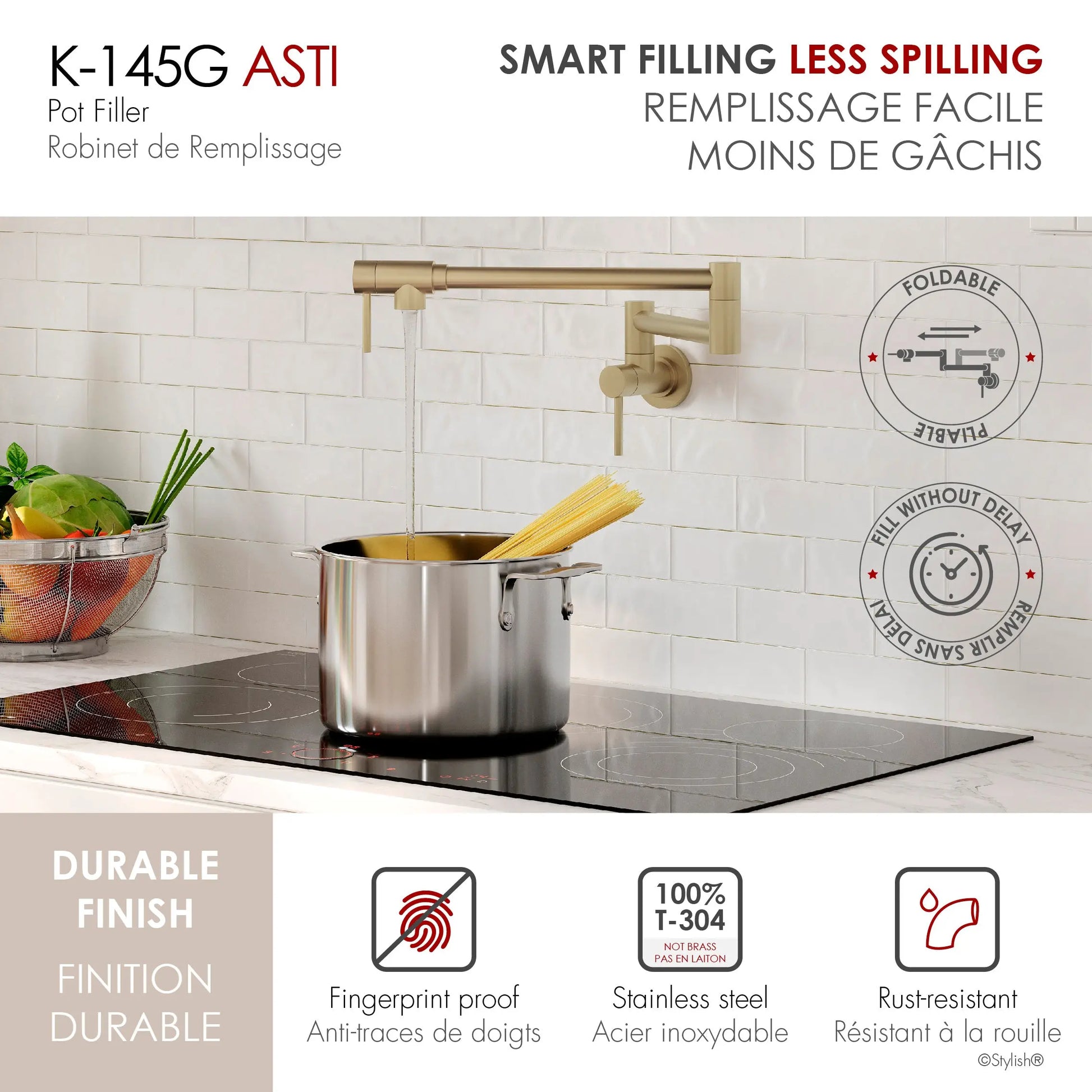 STYLISH Stainless Steel Wall Mount  Pot Filler Folding Stretchable with Single Hole Two Handles - Matte Gold Finish K-145G - Plumbing Market