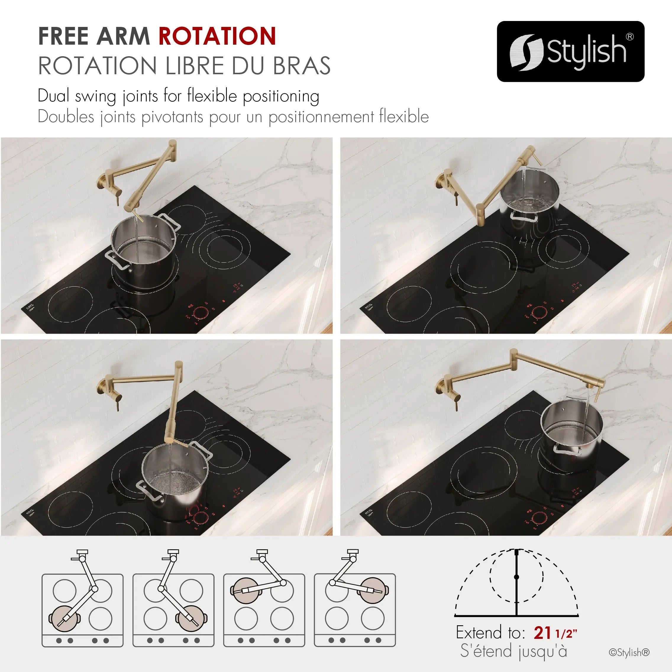 STYLISH Stainless Steel Wall Mount  Pot Filler Folding Stretchable with Single Hole Two Handles - Matte Gold Finish K-145G - Plumbing Market