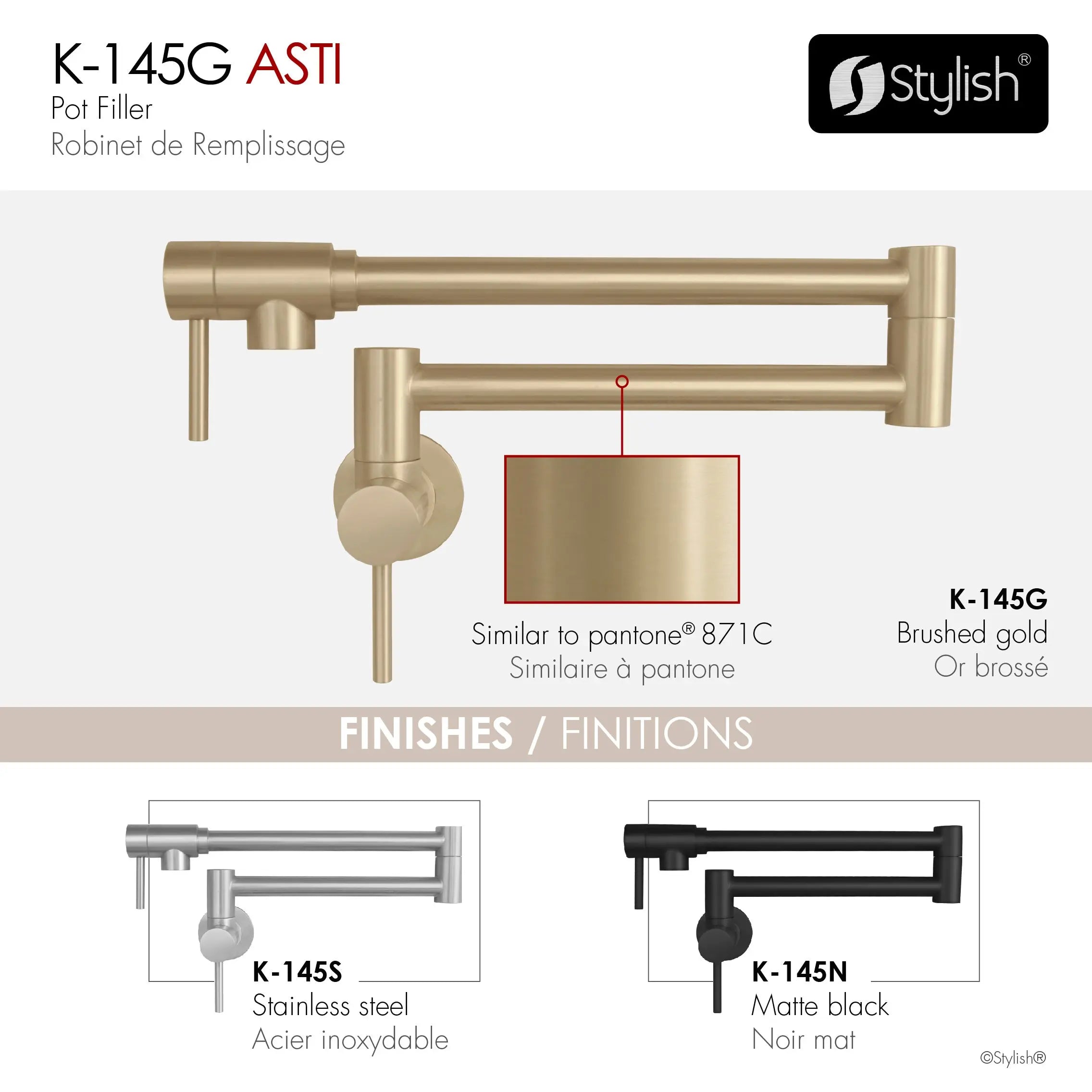 STYLISH Stainless Steel Wall Mount  Pot Filler Folding Stretchable with Single Hole Two Handles - Matte Gold Finish K-145G - Plumbing Market