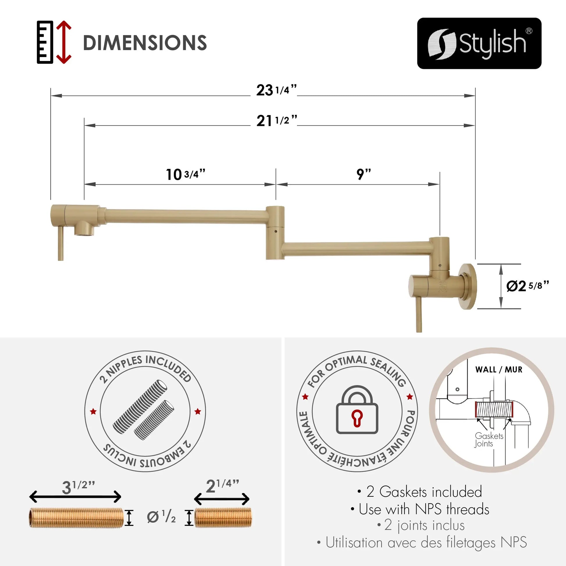 STYLISH Stainless Steel Wall Mount  Pot Filler Folding Stretchable with Single Hole Two Handles - Matte Gold Finish K-145G - Plumbing Market