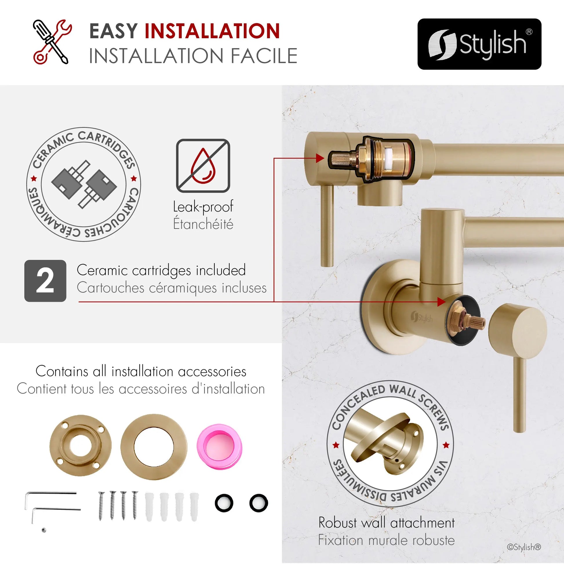 STYLISH Stainless Steel Wall Mount  Pot Filler Folding Stretchable with Single Hole Two Handles - Matte Gold Finish K-145G - Plumbing Market