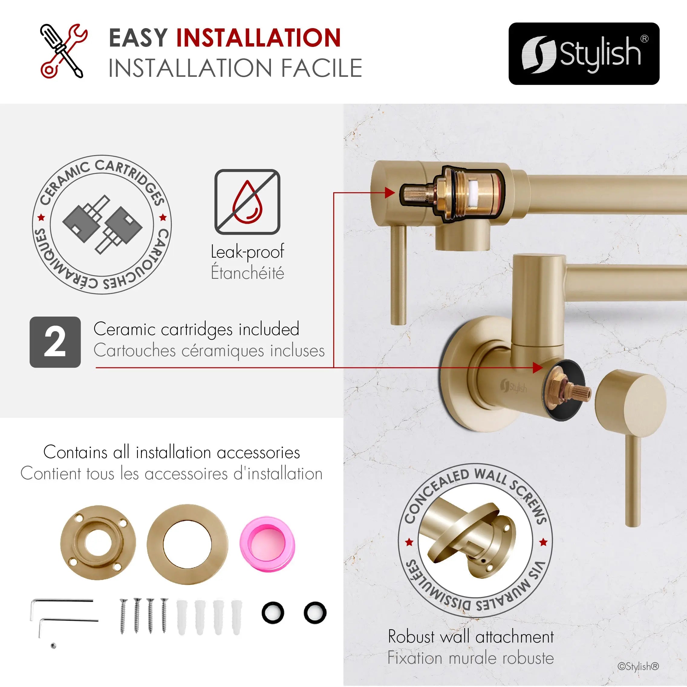 STYLISH Stainless Steel Wall Mount  Pot Filler Folding Stretchable with Single Hole Two Handles - Matte Gold Finish K-145G - Plumbing Market